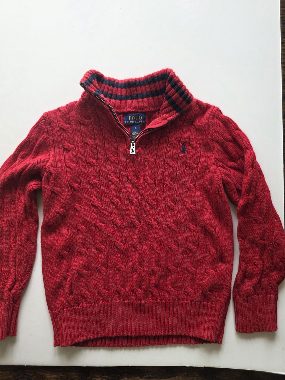 Polo by Ralph Lauren Red Cable-Knit Quarter-Zip Sweater with Striped Collar